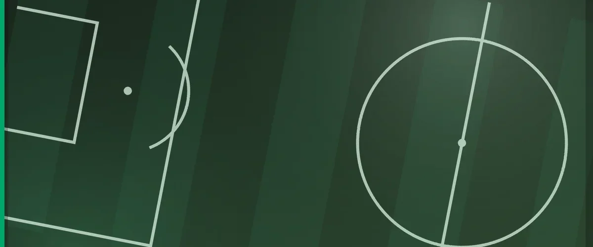 Football pitch markings seen from above in a moss green tone, showing the penalty area and the centre circle