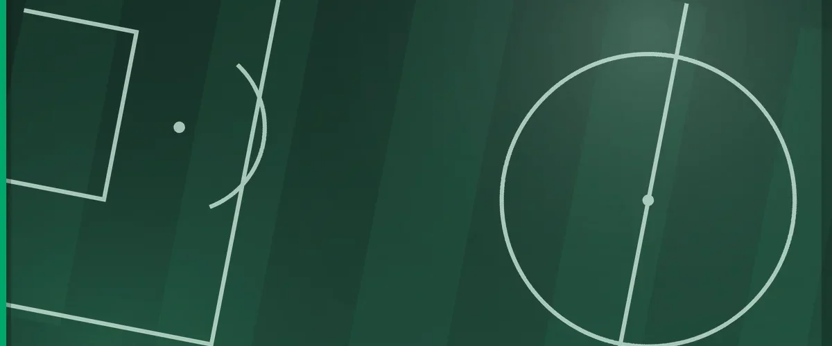 Football pitch markings seen from above in a forest green tone, showing the penalty area and the centre circle