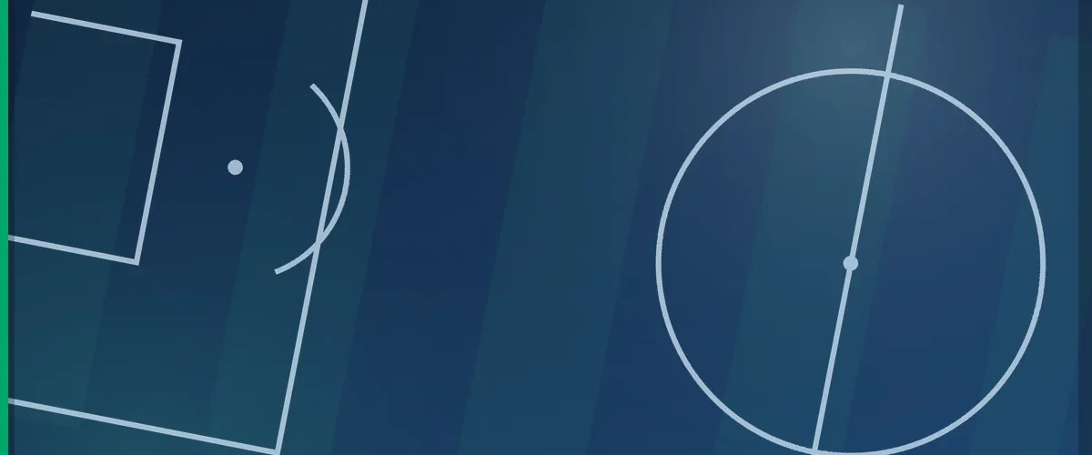 Football pitch markings seen from above in a sky blue tone, showing the penalty area and the centre circle