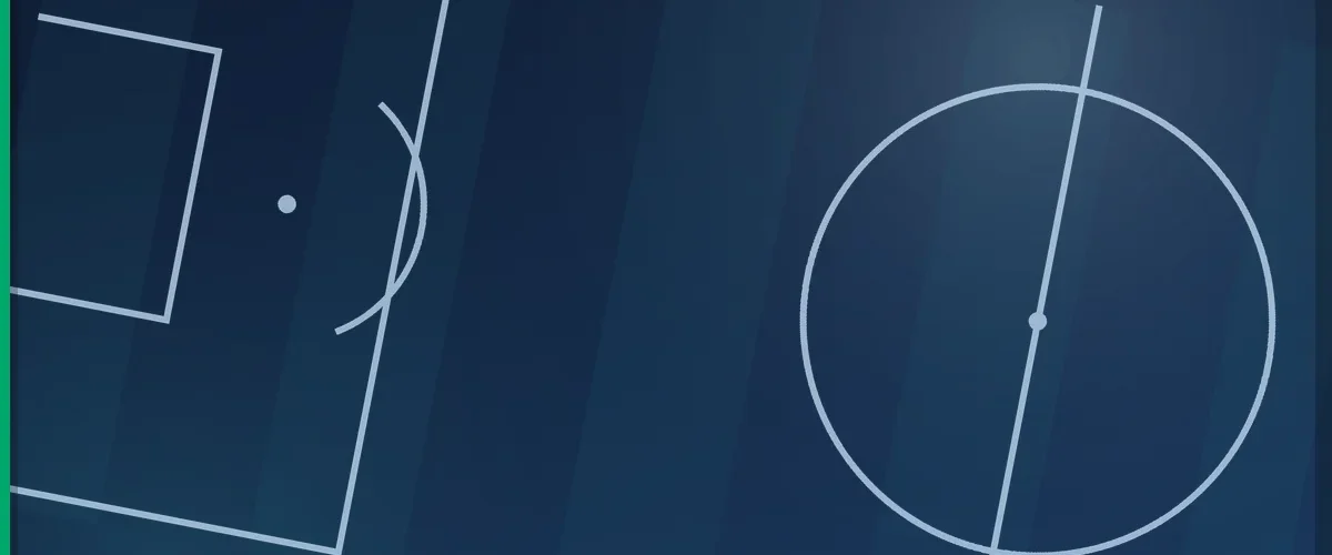Football pitch markings seen from above in a midnight blue tone, showing the penalty area and the centre circle