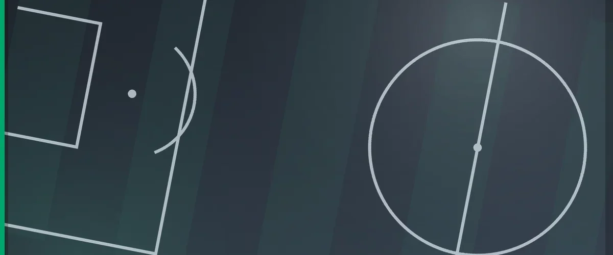 Football pitch markings seen from above in a steel grey tone, showing the penalty area and the centre circle