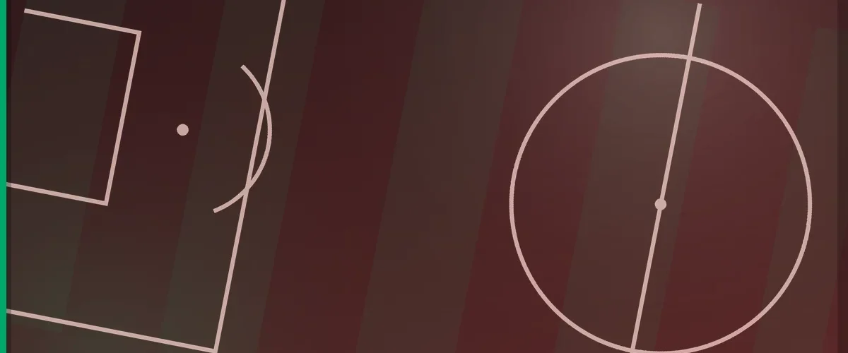 Football pitch markings seen from above in a maroon tone, showing the penalty area and the centre circle
