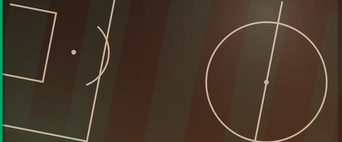 Football pitch markings seen from above in a copper tone, showing the penalty area and the centre circle