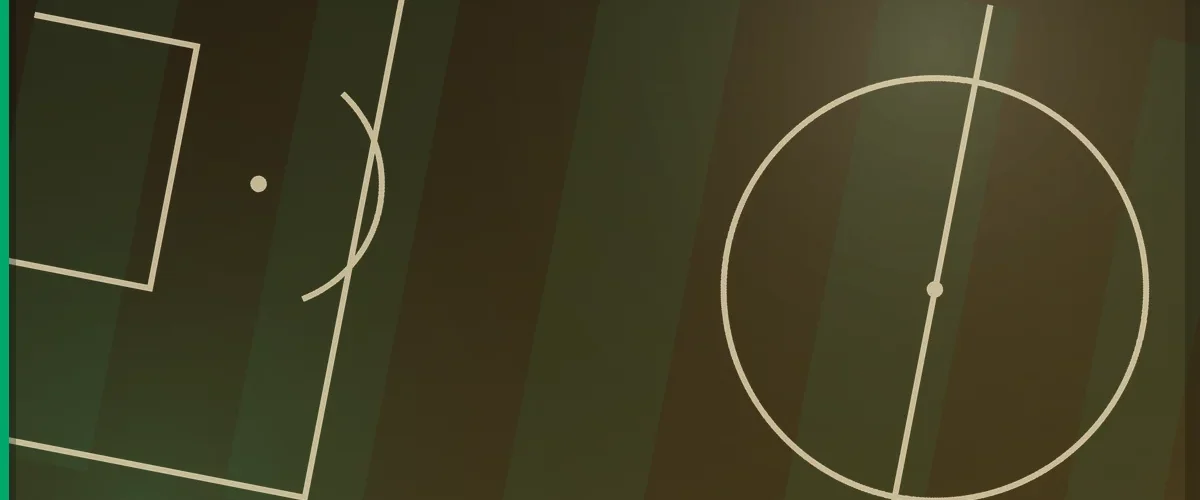 Football pitch markings seen from above in a gold tone, showing the penalty area and the centre circle