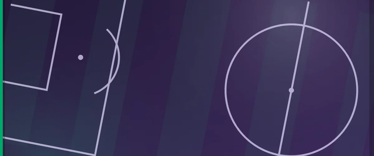 Football pitch markings seen from above in a violet tone, showing the penalty area and the centre circle