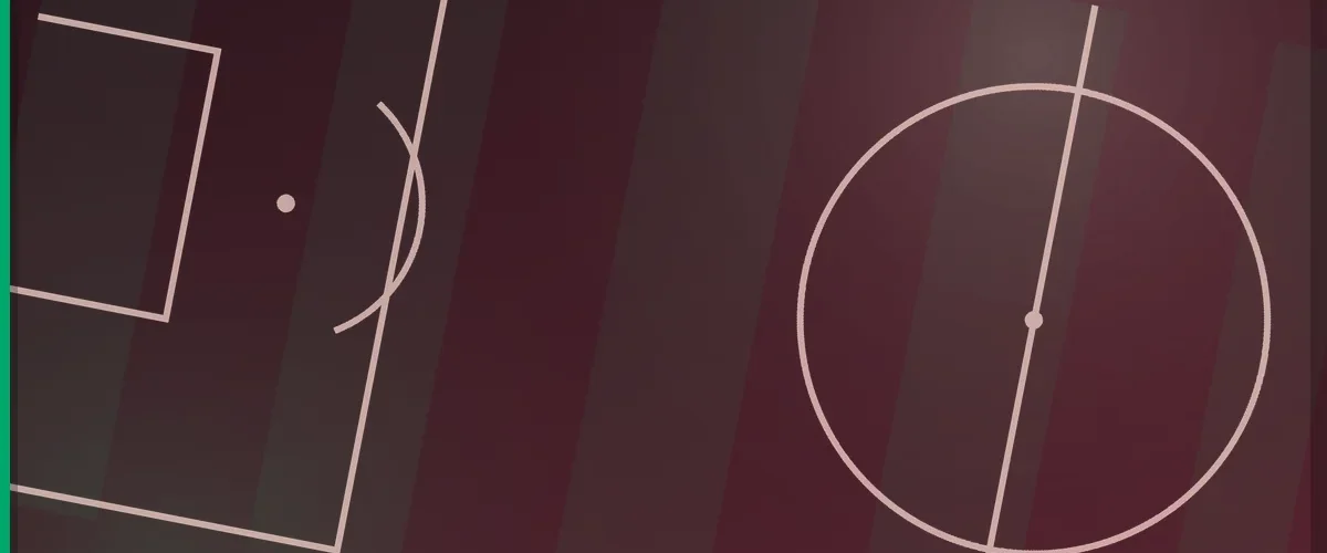 Football pitch markings seen from above in a dark tone, showing the penalty area and the centre circle