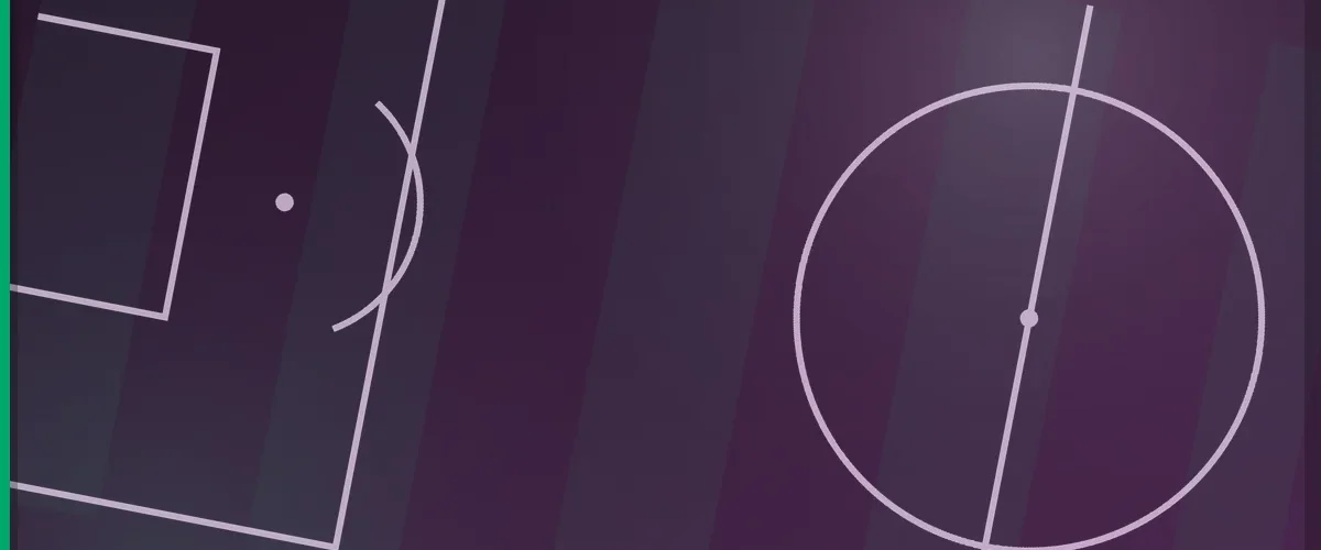 Football pitch markings seen from above in a plum tone, showing the penalty area and the centre circle